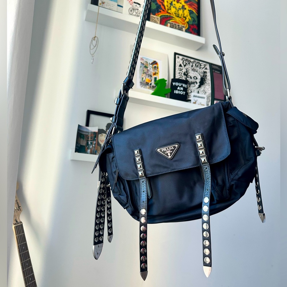 PRADA Tessuto Nylon Vela Studded Shoulder Bag - RARE 🖤⛓️ 100% authentic